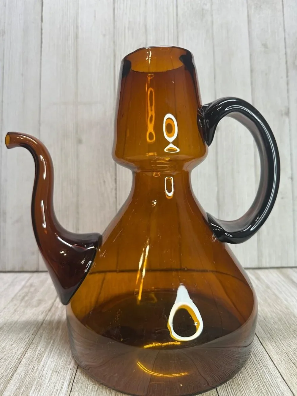 Vtg Amber Blown Glass Tea Pot with Handle 9